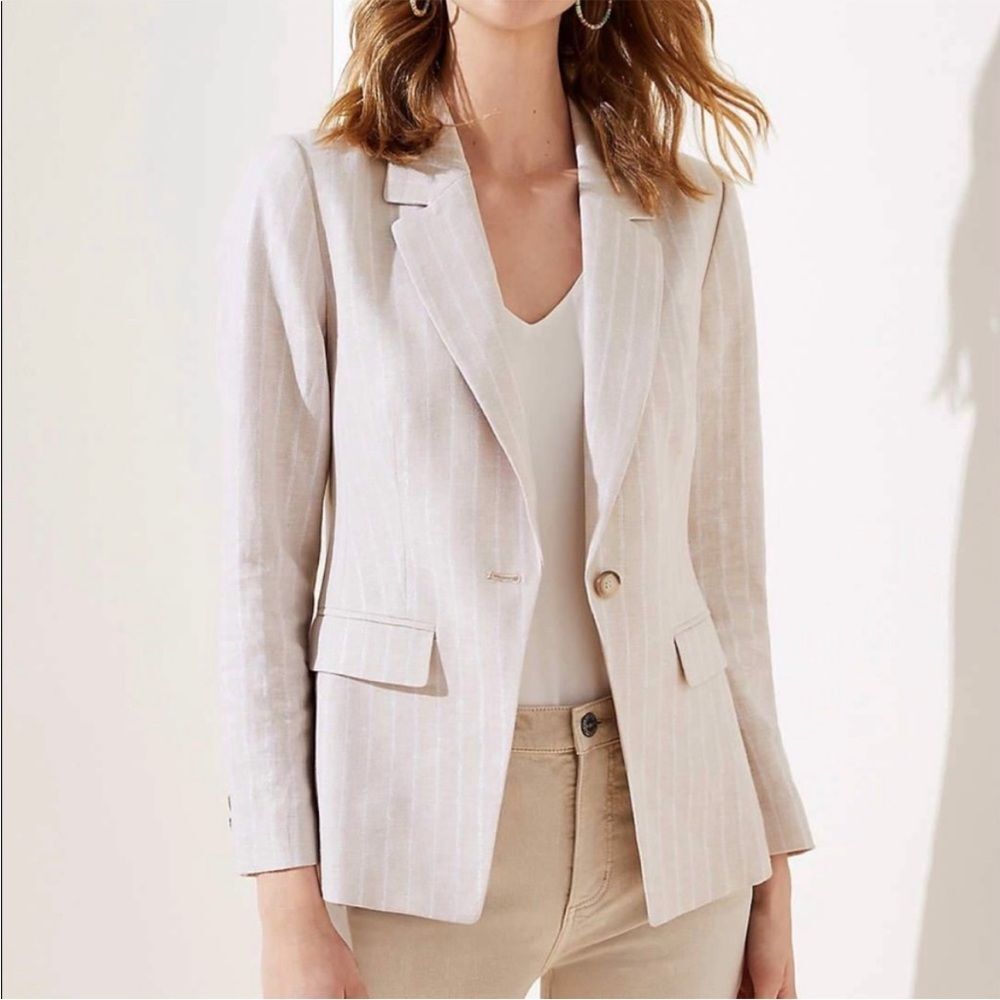 NWT Loft Shimmer Stripe Linen Blend Modern Cream Blazer Size 14
